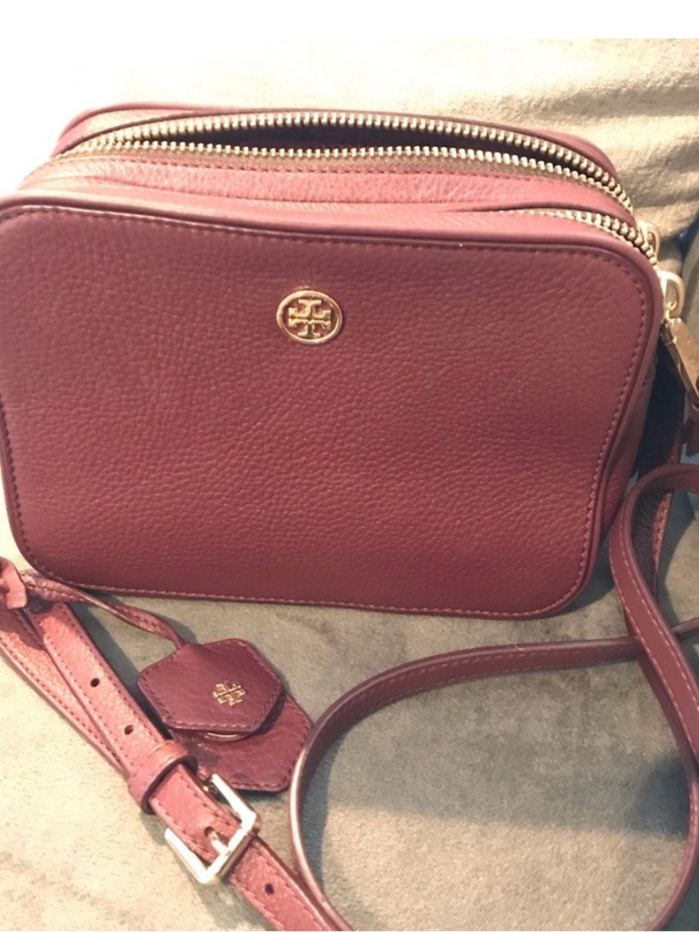 Tory Burch Wine Red Pebbled Leather Double-Zip Crossbody - Picture 1 of 8